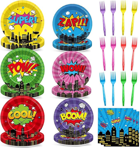 96Pcs Super Theme Hero Party Plates and Napkins Forks for Comic Heroes Birthday Decorations Hero's Action Sign Cityscape Buildings Tableware Set for 24 Guests Birthday Party Supplies Favors