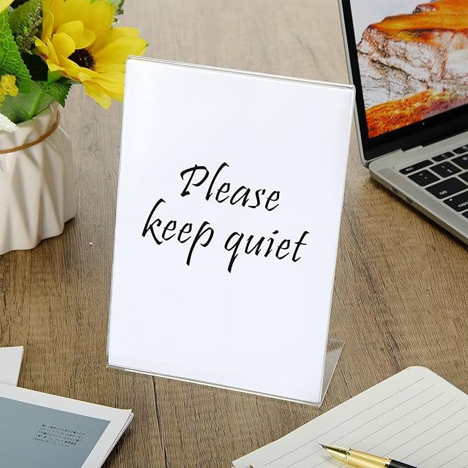 Vicenpal 6 Pcs 5 x 7 Inch Acrylic Sign Holder Acrylic Picture Frames Plastic Picture Flyer Holder l Shaped Photo Frames Self Standing Desktop Table Signs for Office, Store, Restaurant, Vertical