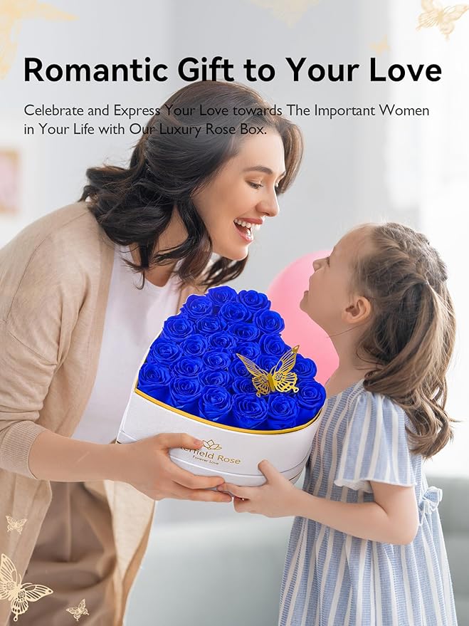 Eterfield 27 Forever Flowers in Heart Shape Box, Preserved Roses That Last a Year Preserved Flowers Birthday Gifts for Her Mom Women Wife Anniversary Valentines Day Mothers Day Christmas, Royal Blue