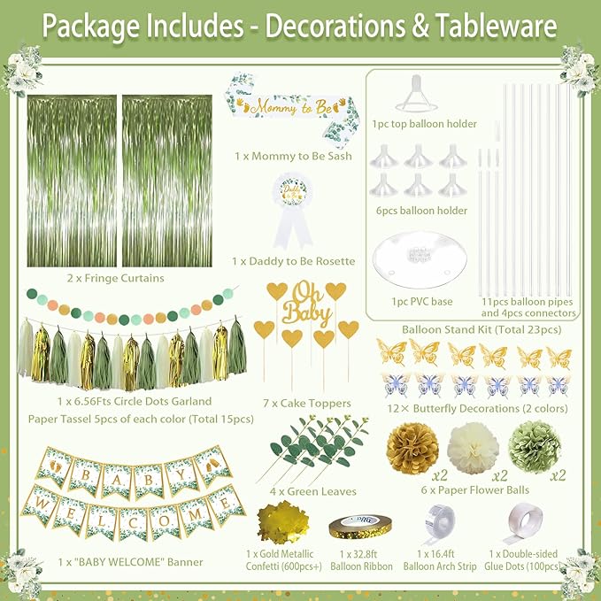 234 Pc Sage Green Baby Shower Decorations Set- Serve 24 Guests, All-in-One Neutral Baby Party Supplies Kit with Balloon Arch, Foil Fringe Curtain, Tableware Set, Cake Topper, Banner, Sash, Tablecloth