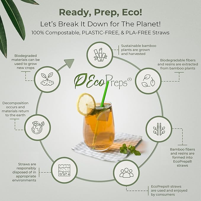 EcoPreps Colorful Biodegradable Bamboo Fiber Straws | 300 Count, 100% Compostable, Plastic-Free, Eco-Friendly Drinking Straws for Parties | 7.8'' Plant Fiber Disposable Straw, Multi-Color Straw Set