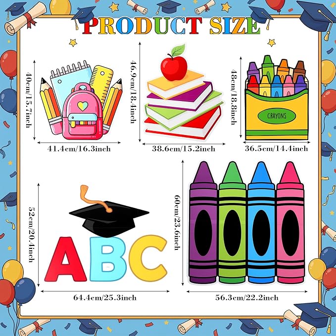 Honoson 5 Pcs Large 32" Back to School Decorations Cardboard Cutouts Standup, Preschool Kindergarten Crayon ABC Alphabet Pencil Backdrop Photo Prop Party Yard Sign for First Day of School Classroom