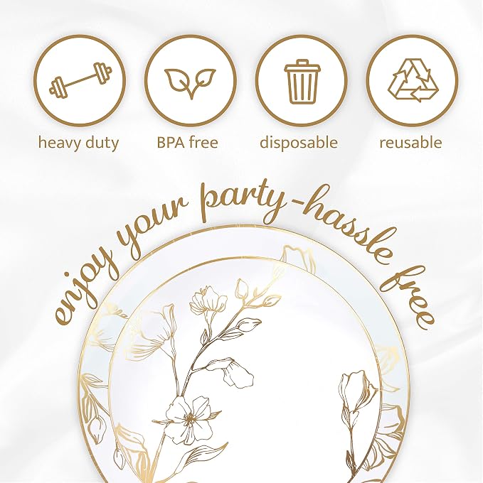 PLASTICPRO 80 Piece Combo Plates Set includes 40-7'' inch Plates & 40-10'' inch Plate White Plastic Floral Design Party Plates With Gold Rim, Premium heavyweight Elegant, Tableware,