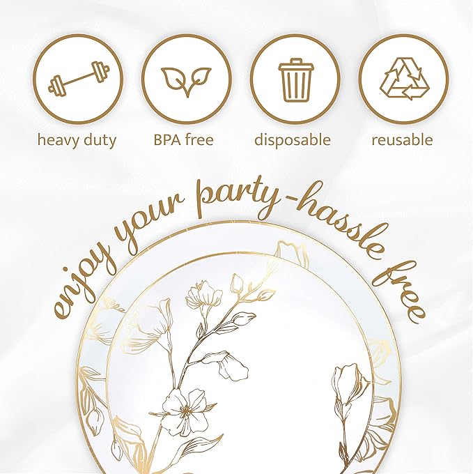 PLASTICPRO White Plastic Design Party Plates Premium heavyweight Elegant Disposable Tableware Dishes (128, Gold Floral)