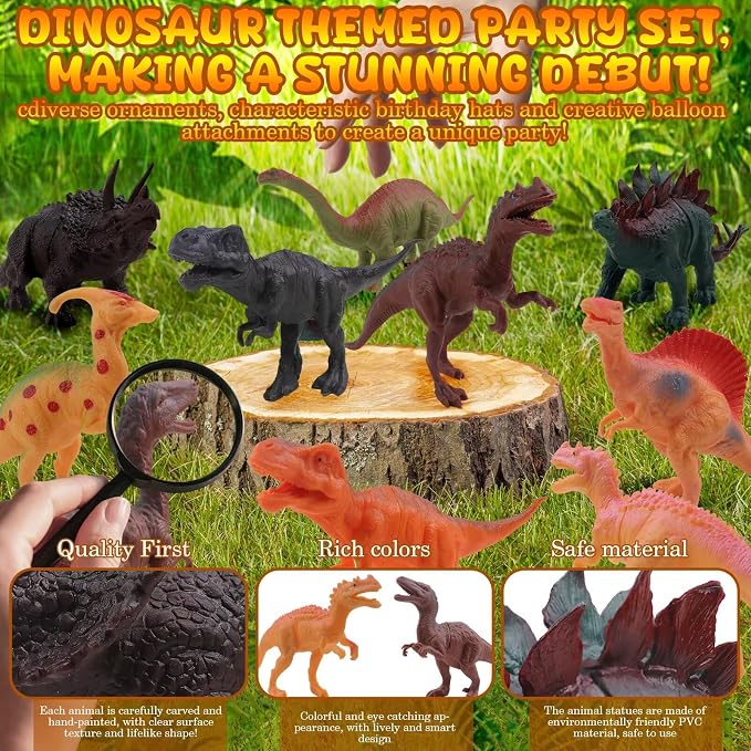 26 PCS Jungle Animal Birthday Party Decorations with Dinosaur Figurines, Mini Hats & Balloons, Cake Toppers for Birthday Party, Wild Animals Party Supplies(Dinosaur)