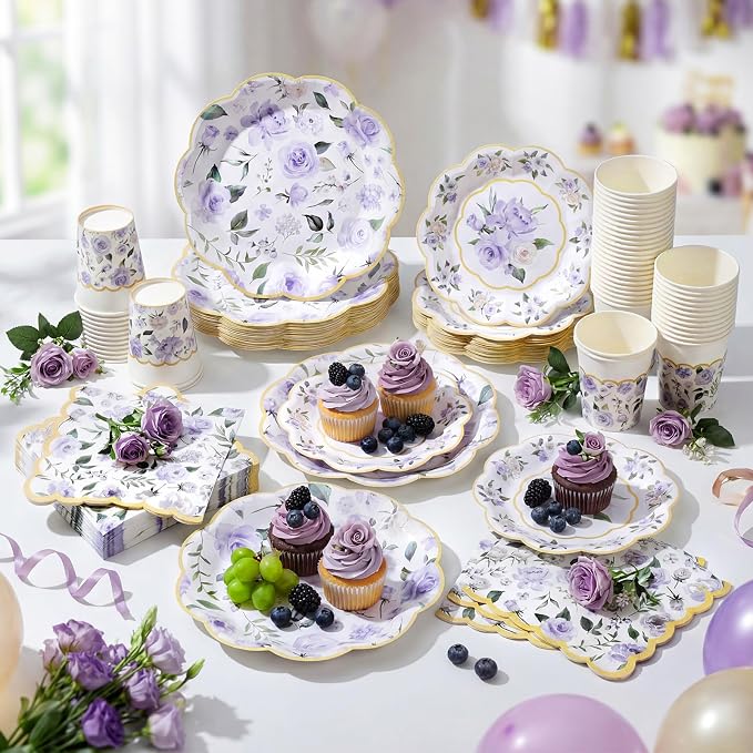 Funnymoom 250 Pcs Floral Party Decoration Flower Paper Plates Napkins and Cups Purple and Gold Floral Disposable Tableware Set for Bridal Shower Baby Shower Wedding Spring Tea Party Supplies Serves 50