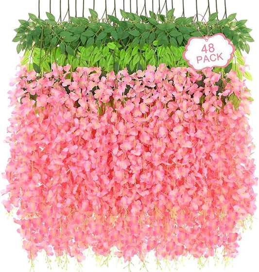 48Pcs Artificial Wisteria Hanging Flowers, 3.6Ft/Pcs Deep Pink Fake Wisteria Garland for Wedding Party Home Garden Indoor Outdoor Decoration