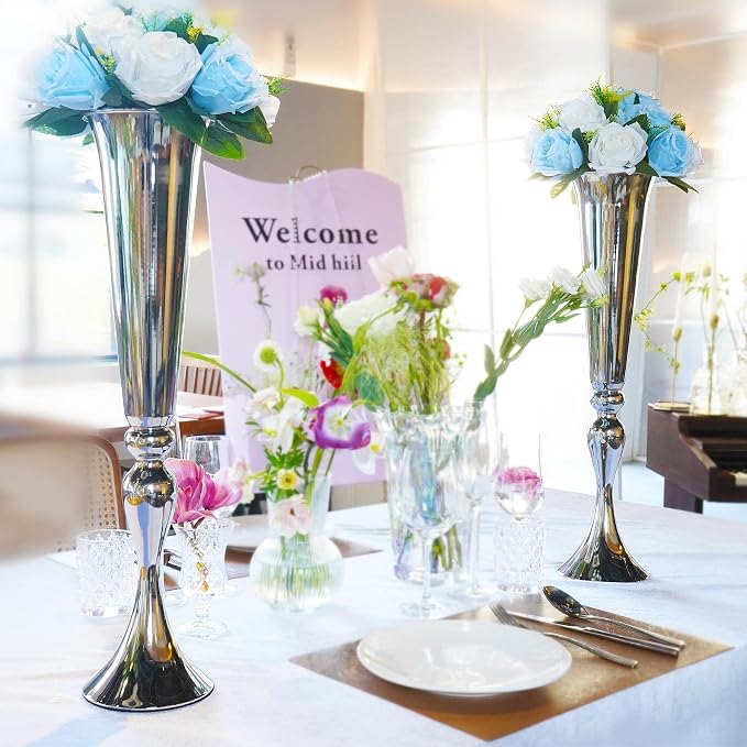Metal Trumpet Vases for Centerpieces - Set of 2 Elegant Silver Vases for Table, 21.9" Tall Flower Stands for Table Centerpieces Anniversary Celebration Christmas Event Party Home Wedding Decorations
