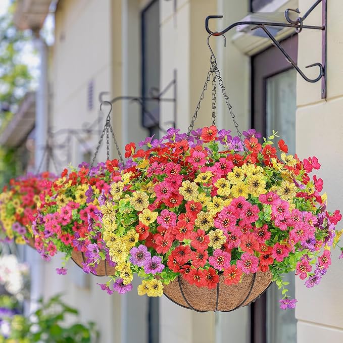 Artificial Flowers Hanging Plants in Basket,Artificial Hanging Flowers for Outdoor Indoor Decor,UV Resistant hanging Baskets with Fake Flowers for Spring Summer Patio Garden Porch Deck Home Decor