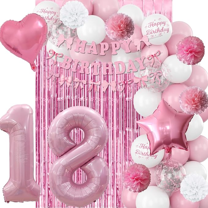 18th Birthday Decorations for Girls Pink Number 18 Balloon Bow Coquette Happy Birthday Banner Fringe Curtain Paper Pom Poms Star Heart Foil Pink White Balloons 18 Year Old Party Decor for Her