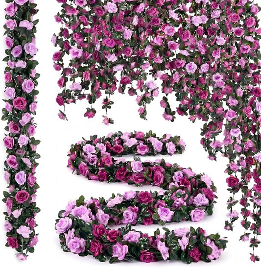Suncalla 30 Pcs 246ft Flower Garland Artificial Vine with Green Leaves Hanging Fake Flower Vines Ivy Garlands Wall Garden Decor for Room Wedding Birthday Arch Decor (Purple)