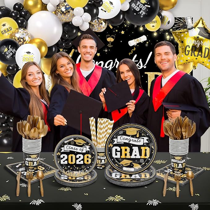 2026 Graduation Party Decorations Kit - 280 Pcs Black Gold Graduation Party Supplies Include Plates, Napkins,Cups, Straws,Tablecloth,Balloon Garland Congrats Grad Backdrop for 25 Guests