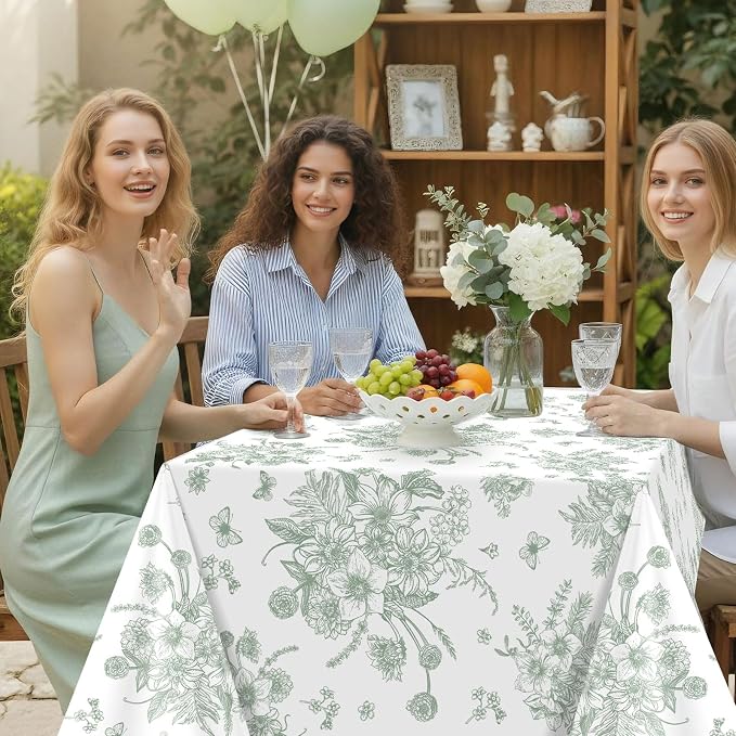 6 Pack Sage Green Floral Plastic Tablecloths, 54 X 108Inch Tea Party Tablecloth Disposable Table Cloths Green and White Porcelain Tables Decor for Garden Wedding Tea Party Birthday Baby Bridal Shower