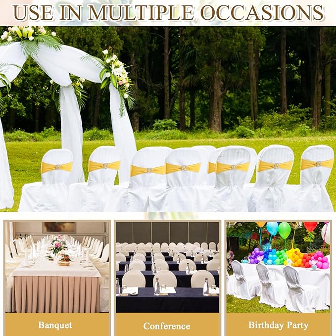 VitalCozy 100 Pcs Spandex Chair Sashes with Square Buckle Slider Stretch Chair Cover Band Universal Elastic Ties Straps Bows for Wedding Banquet Event Party Decoration(Gold)