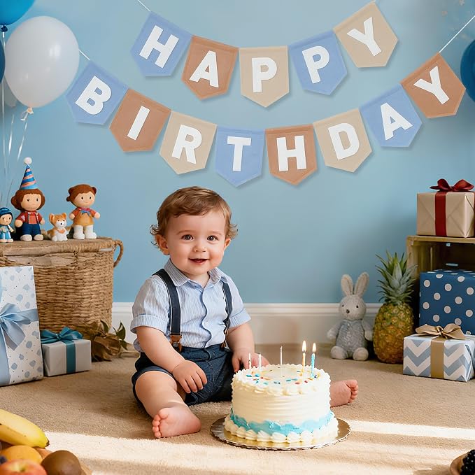 Felt Blue Khaki Happy Birthday Banner Birthday Decorations for Women Girls Boys Men Pets Handmade Party Backdrop