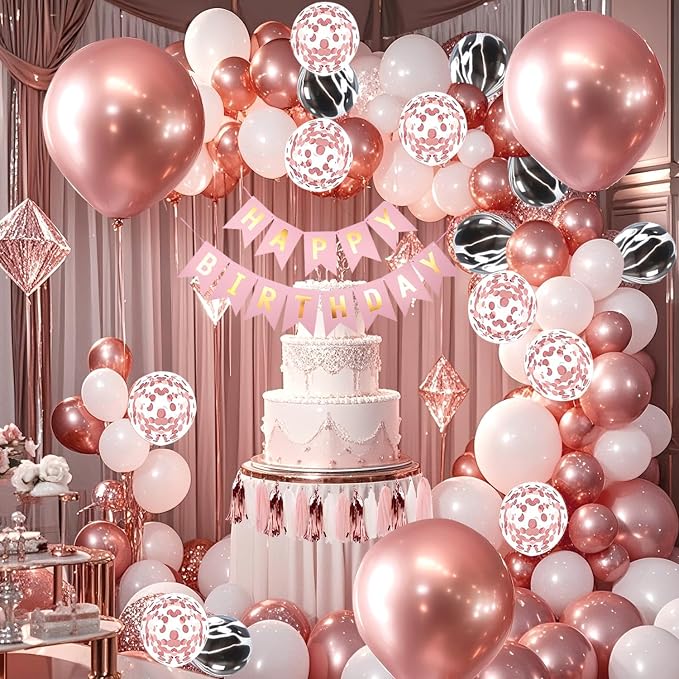 118 PCS Rose Golden Happy Birthday Party Balloons Set for Girl Women | with Sparkle Rose Golden Foil Fringe Curtains, 18 inch Big Balloons, Confetti Balloons