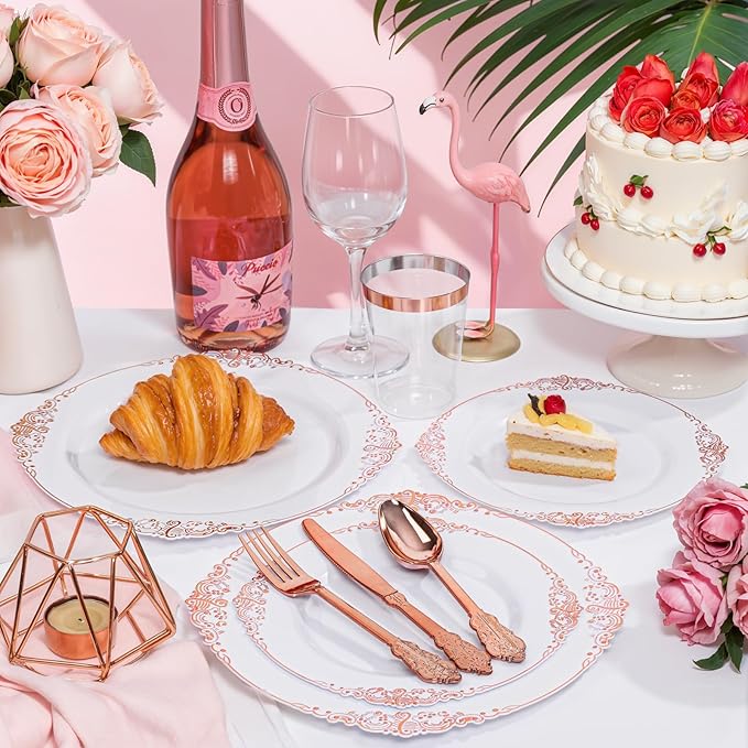 Nervure 700PCS Rose Gold Plastic Plates - Rose Gold Plastic Dinnerware Sets for 100 Guests - 200 White Disposable Plates, 300 Silverware, 100 Cups, 100 Napkins for Wedding & Party & Mothers Day