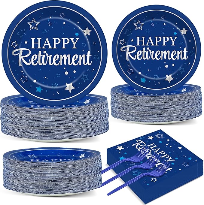 Qyeahkj 50 Guests Retirement Plates and Napkins Party Supplies Happy Retirement Party Decorations Disposable Tableware Set Sliver Blue Dinnerware Favor for Women Men Graduations Theme Party, 200PCS