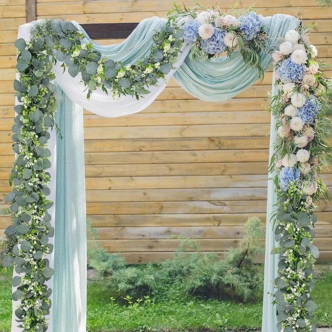 Waipfaru 8Pcs Eucalyptus Garland, 5.9FT Greenery Garland, Green Garland with Flowers, Artificial Faux Silver Dollar Eucalyptus Leaves Vines for Table Home Wedding Mantle Party Indoor Outdoor Decor