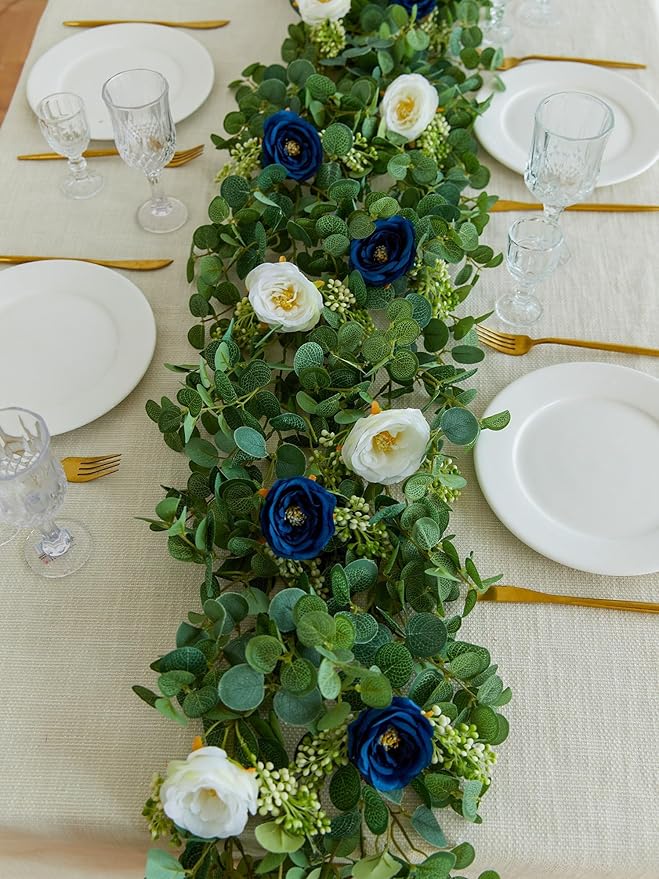 PARTY JOY 2pcs 6.56ft Eucalyptus Garland with Flowers-8 Blue White Roses, Artificial Fake Flowers Greenery Garland Floral Vines for Decoration Party Wedding Table Indoor Outdoor Backdrop Wall Decor