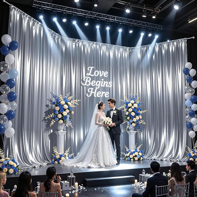 40x10ft Silver Glitter Backdrop Curtain for Parties, Wrinkle Free Satin Photo Backdrop Drapes 8 Panels 5x10FT Shimmer Back Drop Cloth for Wedding Birthday Baby Shower Photography Background Decor