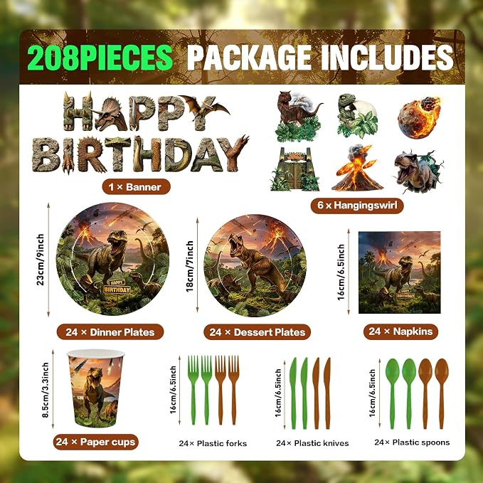 208pcs Dinosaur Plates Napkins Party Supplies Dino Disposable Tableware Set Include Plates Napkins Cups Cutlery Balloon Cake Topper Banner Hanging Swirl Tablecloths for Dino Party Decorations Serve 24