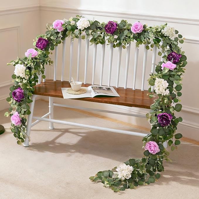 Livole 6FT Artificial Flower Garland Real Touch Fake Purple Floral Rose Peony Garland with Eucalyptus Flower Hanging Vine for Wedding Table Centerpieces Backdrop Party Arch Home Decorations