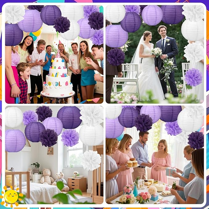 18pcs Purple Paper Lanterns Decoration Purple White Lavender Hanging Décor Pom Poms Paper Flower Party Supply for Baby Shower Wedding Valentine Birthday Party