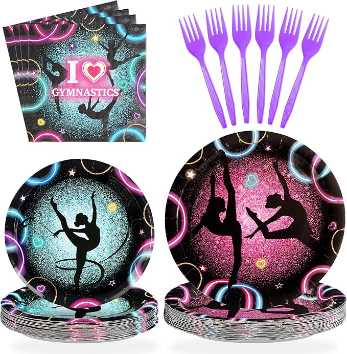 Grencian 96Pcs Gymnastics Birthday Party Supplies Gymnastics Party Plates Disposable Paper Gymnastic Tableware Set for Girls Birthday Baby Shower Decorations, Serves 24