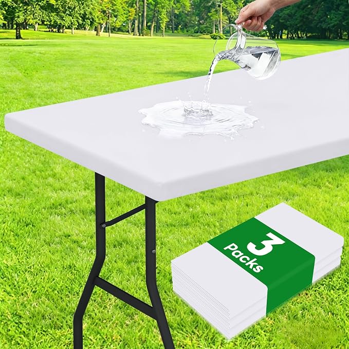 Smiry 3 Pack Rectangle Table Cloth, Elastic Fitted Flannel Backed Vinyl Tablecloths for 5ft Folding Tables, Waterproof Wipeable Table Covers for Indoor, Outdoor, Camping and Picnic (White, 30"x60")