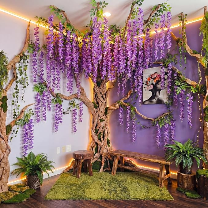 XunYee 3D Wisteria Tree Wall Decor for Room Classroom Ceiling Artificial Wisteria Hanging Flowers DIY Cardboard Paper Tree with Green Vine Kraft Paper Fairy Bulletin Board Decorations(Purple)
