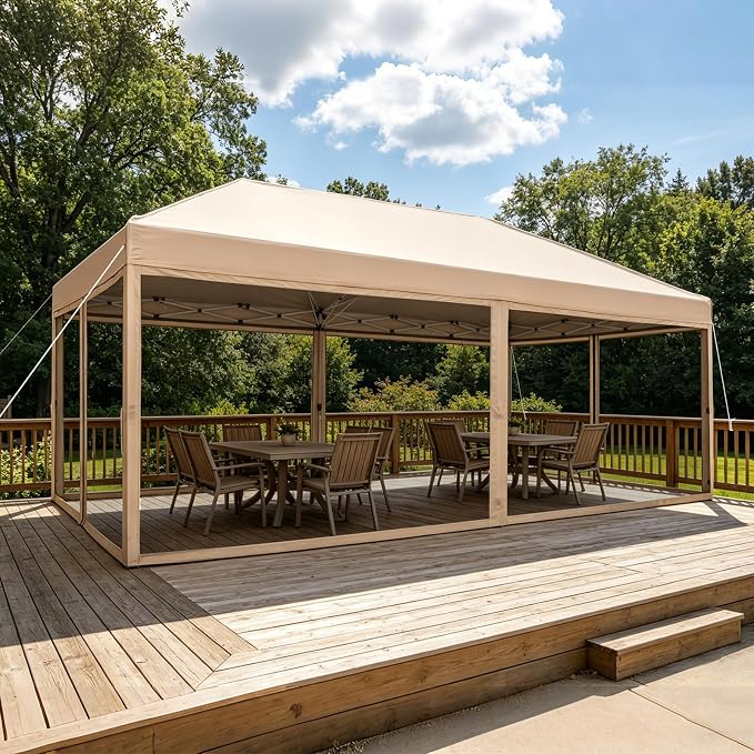 10x20 Pop Up Canopy Tent with Mosquito Netting, Ez Up Portable Waterproof Instant Outdoor Screen Shelter, Pop Up Tent for Patio, Backyard, Parties, Camping and Events, Beige