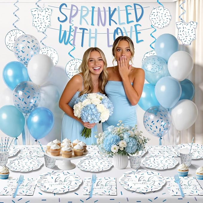 Xynic 205Pcs Baby Sprinkle Decorations Tableware Set Serves 25 Guests Sprinkled with Love Baby Shower with Blue Confetti Plates, Napkins, Tablecloths, Banner, and Cake Toppers for Boy