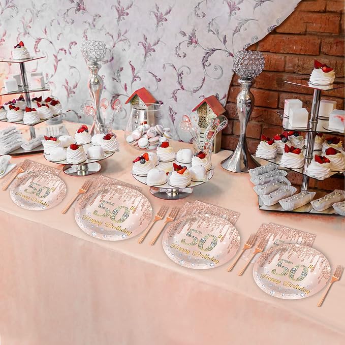 96 Pieces 50th Birthday Tableware Set for Pink Rose Gold 50th Birthday Table Decorations Supplies Pink Rose Gold Happy 50 Years Old Dessert Paper Plates Napkins Forks for 24 Guests Women Supplies
