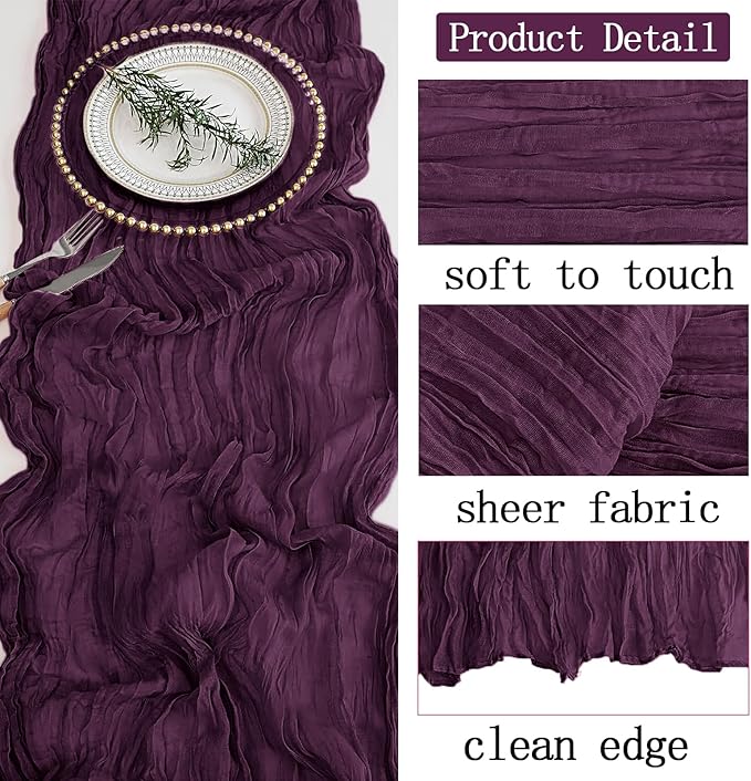 16 Pack Dark Purple Cheesecloth Table Runner 20 x 120 inch Gauze Table Runners 10 FT Long,Semi Sheer Boho Cheese Cloth Fabric Table Runner Bulk for Party,Wedding,Baby Shower,Bridal Shower Decoration
