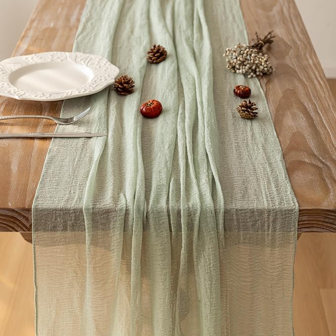 Keketoarrange Sage Green Spring Table Runner Cheesecloth 120 Inch 10 FT Rustic Boho Cheese Cloth Runner for Wedding Baby Shower Bridal Shower Sheer Gauze Centerpiece Spring Summer Home Decorations