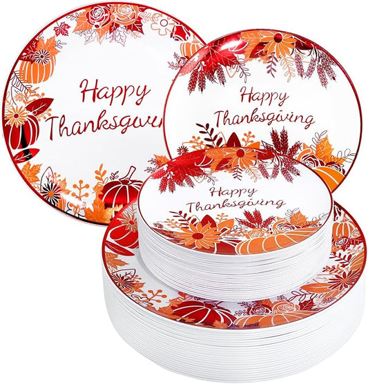 Rubtlamp 60PCS Thanksgiving Plastic Plates, White Orange Pumpkin Plates, Red Disposable Plates with Maple Leaves, Fall Disposable Plates Include 30 Dinner Plates, 30 Salad Plates For Thanksgiving