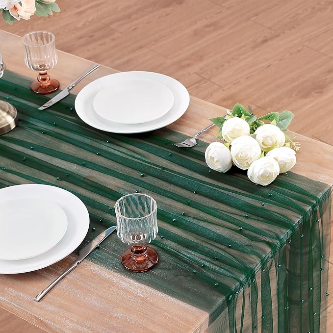 Pearl Table Runner Tulle Fabric: 10ft Pearl Kitchen Linen 29x120 Inch 12pcs Emarald Green Sheer Gauze Fabrics for Wedding Decor Birthday St. Patrick's Day Party Dining Table Cover