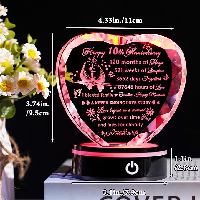 YWHL 10th Wedding Anniversary Crystal Heart Gifts for Couples with LED Base, Laser Engraved Happy 10th Anniversary Keepsake Gifts for Wife Husband, Romantic 10 Years of Marriage Gift for Her Him