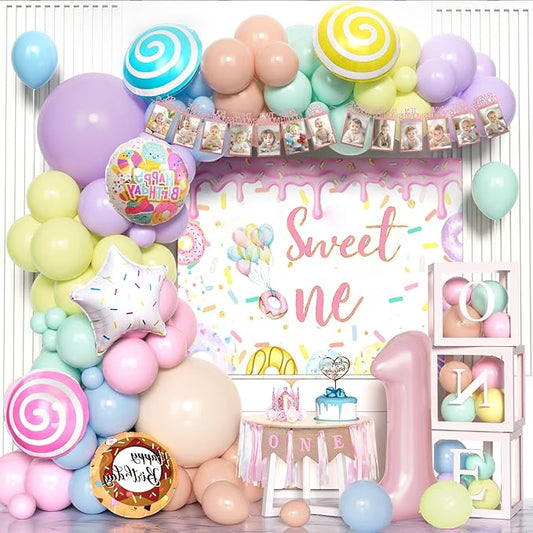 Pastel Balloons Different Sizes 18 10 5 Inch, Macaron Rainbow Latex Balloon Arch Kit for Baby Girl 1st Birthday - Including Balloon Boxes, Backdrop, High Chair Banner, Crown, and Photo Banner
