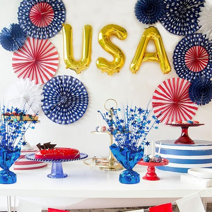 24 Pack Blue Metallic Foil Spray Centerpiece Star Table Decoration Burst Table Centerpieces for Birthday New Year Wedding Anniversary Graduation Party Supply (Blue)