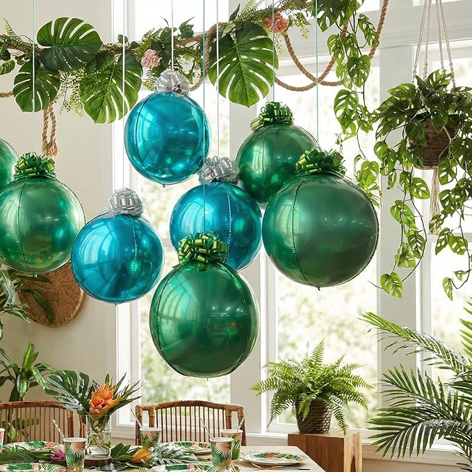 6 Pack Teal Blue & Grass Green 4D Metallic Orb Ornament Balloons with 12 Pull Gift Ribbon Bows – Ceiling Hanging Balloon Set for Jungle Party, Safari Birthday, Summer Party & Tropical Decorations