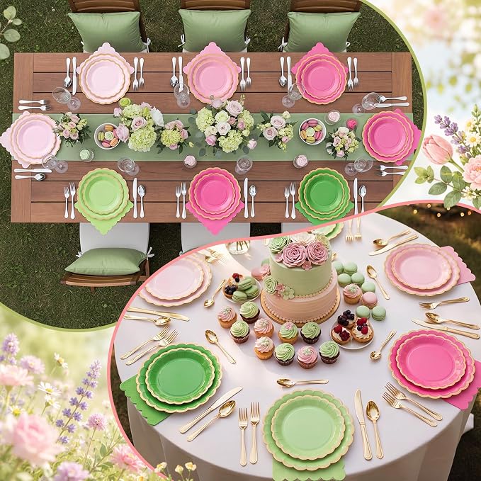 Zhehao 150 Pcs Summer Guava Plates and Napkins Tableware Serves 50 Includes 9 Inch 7 Inch Pink and Green Scalloped Wave Edges Paper Plate and Napkins for Wedding Birthday Baby Shower Party