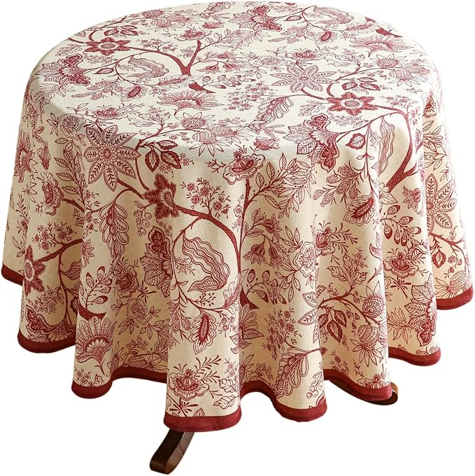 ISAENNE Designer French Linen Round Tablecloth,Diameter 55"-Ruyi A | Vintage Elegant Table Cloth for Round Table,Red Floral Pattern,Decoration,Heavyweight,Dining Room,Kitchen,Thanksgiving