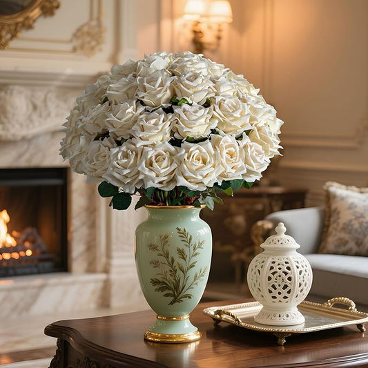 Ttranewsoo Fake Roses Faux Flowers Silk Roses 36PCS Artificial Roses with Stems Realistic Artificial Flowers Suitable for Indoor Home Decoration DIY Bouquet Wedding Decor Party Decor 16.5In (White)