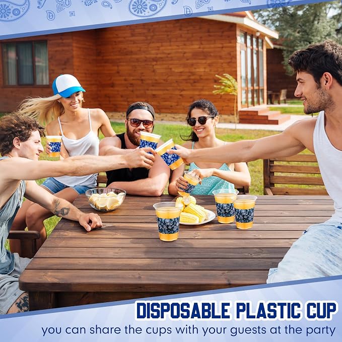 Funnymoom 60 Pack Cowboy Cup 12 oz Blue Bandana Disposable Clear Plastic Cups for Western Cowboy Birthday Party Decoration Supplies