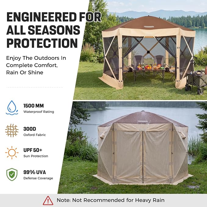 Tecoom 12x12ft 6-Sided Pop Up Gazebo Tent, Canopy Shelter Tent with Mesh Windows for Camping, Portable Large Shade Tents Removable Siedwalls for Outdoor, Garden, Lawn, and Backyard