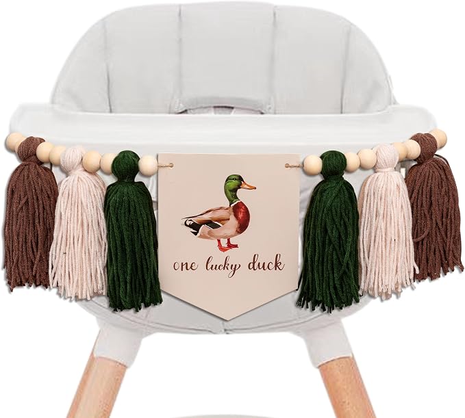 Gostman One Luck Duck High Chair Banner | Mallard Duck Hunting First Birthday Party Supplies,Mallard Duck Sign First Birthday Highchair Banner