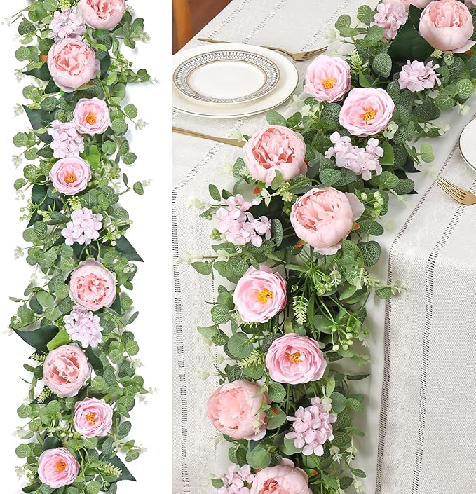 Betylifoy 2 Pack 12Ft Pink Flower Garland Artificial Eucalyptus Flower Garlands Fake Peony Rose Floral Vines Silk Hydrangea Hanging Vine Greenery Garland for Wedding Party Table Wall Backdrop Decor