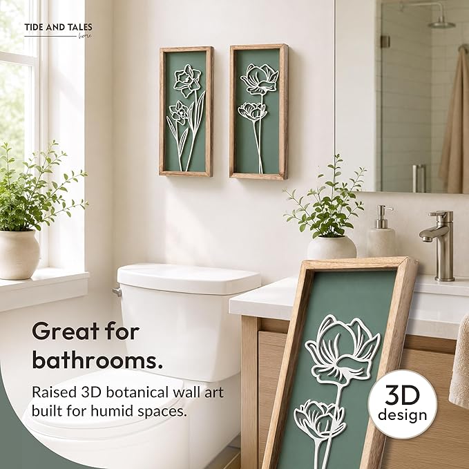 3D Floral Green Wall Art (Set of 2) Lightweight, Wooden Ready-to-Hang Boho Framed Wall Art for Bathroom, Bedroom, Living Room or Office – Premium Sage Green Farmhouse Decor – Gift-Boxed